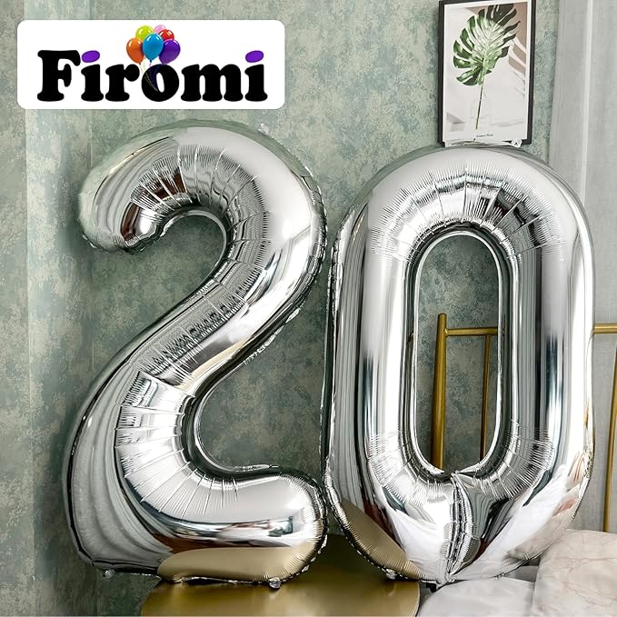 FIROMI 20 Number Balloons Silver Big Giant Jumbo Huge Foil Mylar 20 Balloon Numbers for 20th Birthday Party Anniversary Events Decorations 40-inches