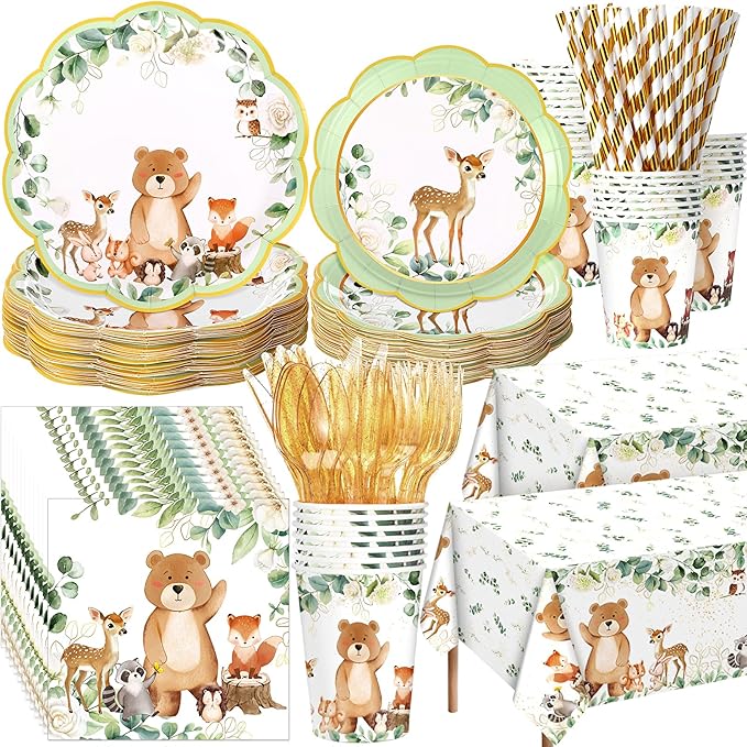 Potchen 452 Pcs Party Supplies Serve 50 Guests, Paper Plates Napkins Cups Cutlery Plastic Tablecloth Dinnerware for Birthday Wedding Party Decoration (Sage Green, Woodland)