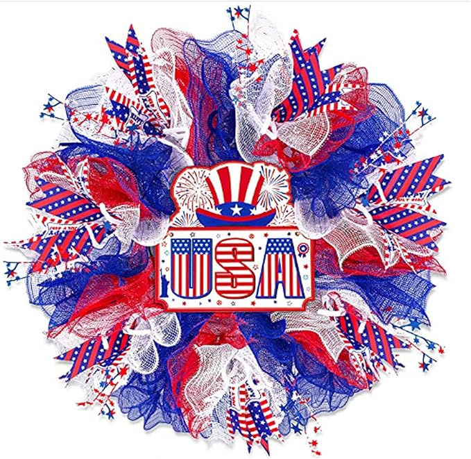 5 Rolls Patriotic Mesh Ribbon for Wreath, 10 Inch x 30FT Per Roll Metallic Foil Deco Mesh Rolls Red White Blue Stripe Decorative Mesh for 4th of July Independence Day Memorial Day Party Decor