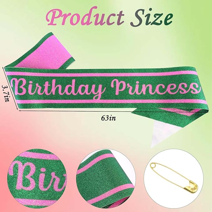 Pink Green Birthday Sash for Girls, Letter "Birthday Princess" Witch Themed Sash with Glitter Foil, Happy Funny Accessories for Party Favors Supplies