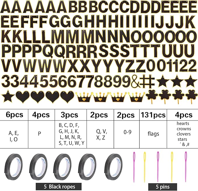 TaoBary 143 Pcs DIY Letter Banner Customizable Happy Birthday Supplies Make Your Own Banner Include Letters, Numbers Symbol Rope Needles for Baby Shower Wedding Bachelor Party Decorations(Black)