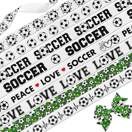 Soccer Ribbon 8 Pack Variety Set, 3/8" Grosgrain, 24 Yards Total (8 Unique Designs x 3 Yds) for Hair Bows, Team Party Decorations, Gift Wrapping, DIY Crafts & Sports Supplies