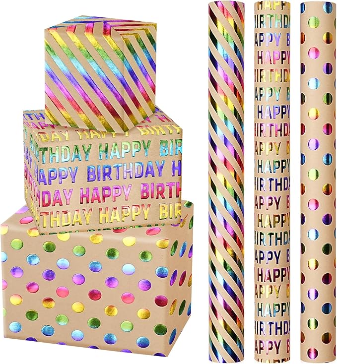 WRAPAHOLIC Kraft Birthday Wrapping Paper Roll - 3 Mini Rolls - 17 Inch x 120 Inch Per Roll - Rainbow Foi Happy Birthday Wrapping Paper for Boys Girls Kids, Baby Shower
