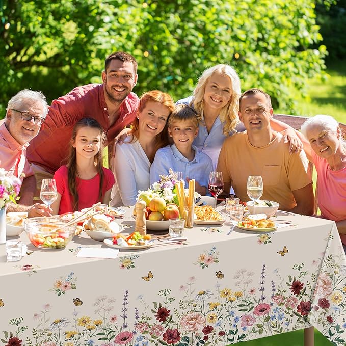 1 Pcs Spring Floral Tablecloth, Butterfly Wildflower Plastic Disposable Tablecloth Rectangle Table Covers for Easter, Birthday, Wedding, Mothers Day Tea Party Supplies and Decorations,54 x 108 Inch
