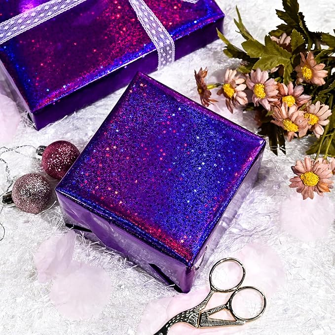 Burymento Purple Wrapping Paper Roll, Metallic Holographic Star Gift Wrap for Birthday, Valentines, Mothers day, Graduation, Wedding, Fathers day, Baby Shower, Christmas (17 IN x 32.8 FT)