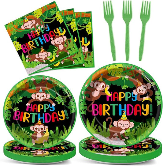 96 Pcs Monkey Birthday Party Supplies Jungle Monkey Birthday Paper Plates Napkins Jungle Animal Party Decorations Wild Animal Disposable Dinnerware Favor for Kids Baby Show Tableware Serves 24
