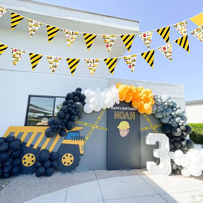 32Ft Construction Party Decorations Yellow Black Construction Themed Fabric Banner Triangle Pennant Flag Garland Streamers for Kids Dump Truck Birthday Excavator Tractor Baby Shower Decor Supplies