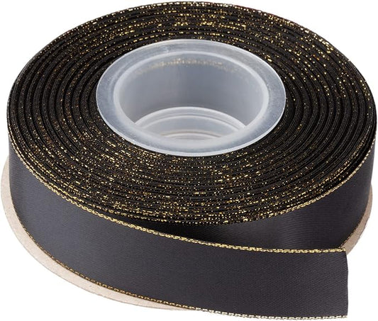 1" Double Face Satin Ribbon with Gold Edge 25 Yards (030-Black), Perfect for Gift Wrapping, Party Decor, Wedding and Craft