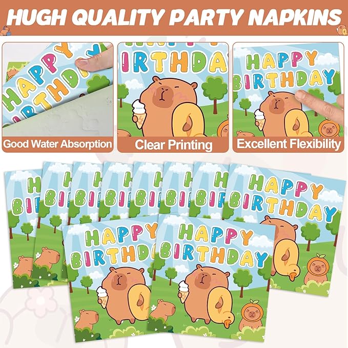 96PCS Capy Themed Bara Birthday Party Supplies Cute Cartoon Capy Paper Plates and Napkins Kapybara Themed Disposable Tableware Animal Dinnerware Decorations Set for Kids Birthday Baby Shower Serves24