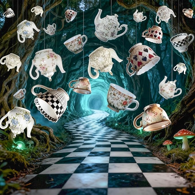24pcs Tea Party Hanging Decorations, Teapot and Teacup Paper Garland Banner, 3 Sizes Wonderland Style Decor for Onederland Birthday and Baby Shower