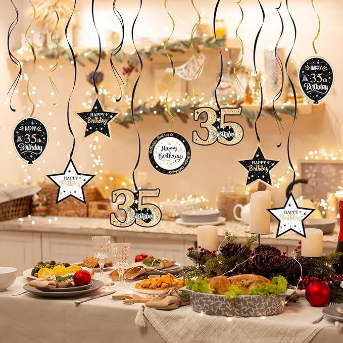 Happy 35th Birthday Black & Gold Glitter Swirls Streamers Party Decorations - 15 Pcs 35th Birthday Hanging Swirls Streamers Kit,Perfect for 35th Bday Party Sign.