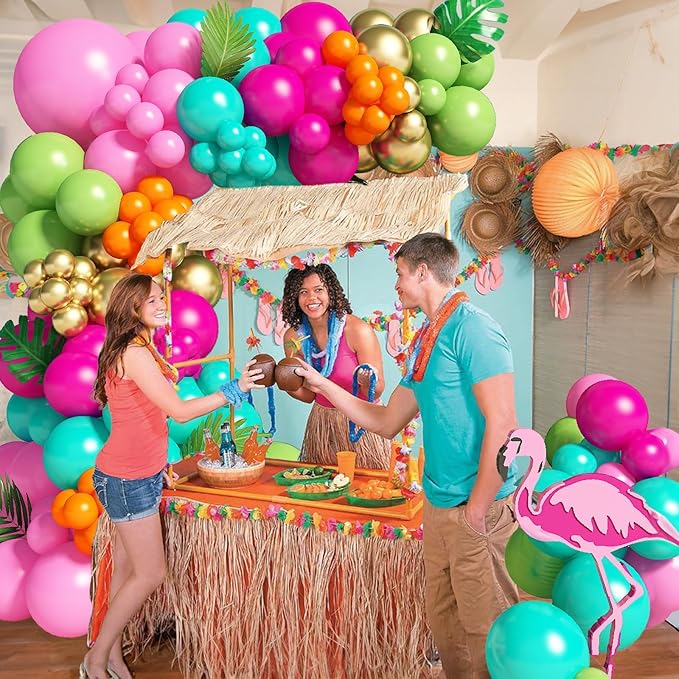 138pcs Flamingo Tropical Luau Balloons Arch Garland Kit, Olive Green and Hot Pink Orange Gold Hawaiian Balloons for Kids Summer Beach Aloha Pool Birthday Baby Shower Party Decorations Supplies