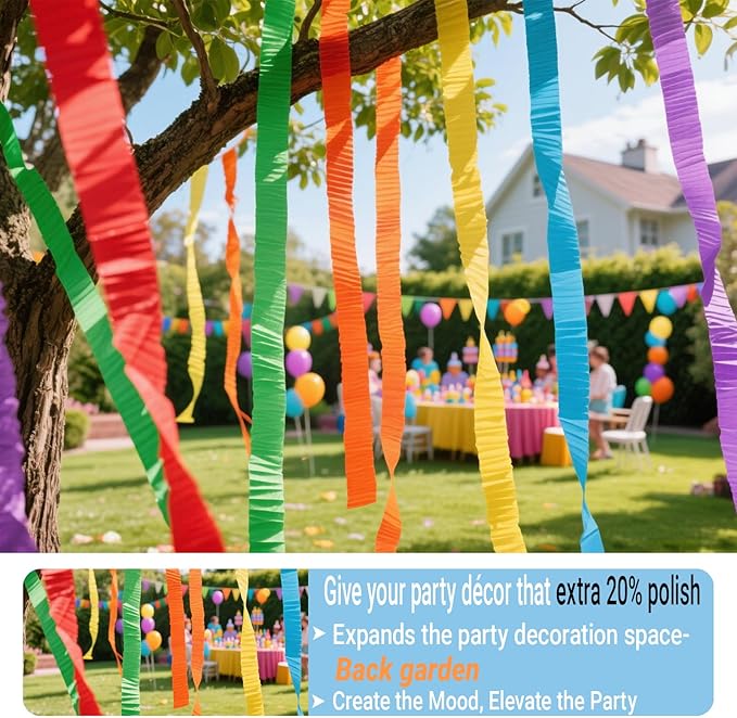 Colorful Rainbow Crepe Paper Streamers Birthday Party Backdrop for Banner and Balloons, Muilti Color Backdrop -6 Rolls Each 25 Meters 1.7in Wide