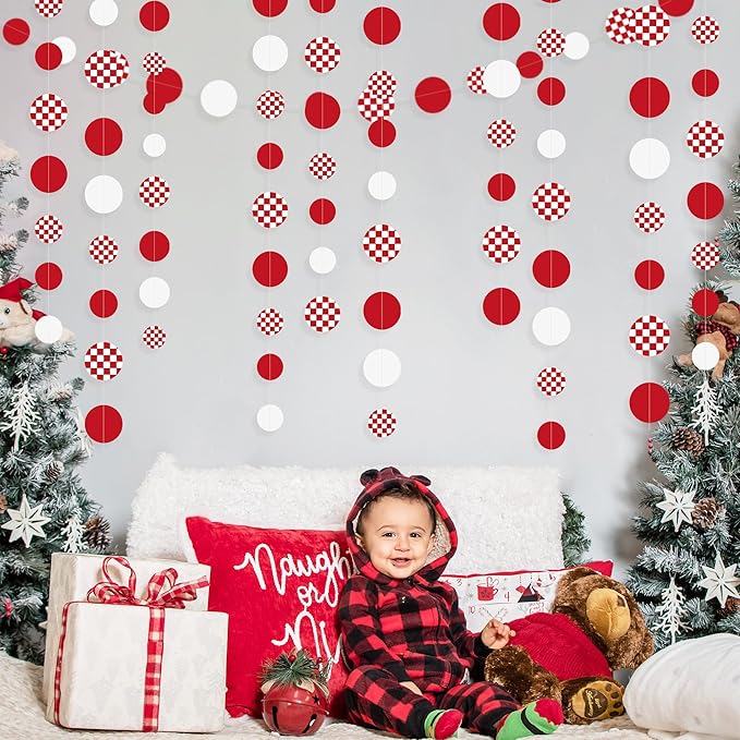 Red Party Decorations White Red Checkered Circle Dots Streamer Hanging Paper Polka Dot Garland for Birthday Baby Shower Wedding Bachelorette Christmas Carnival Circus Picnic Party Decorations Supplies