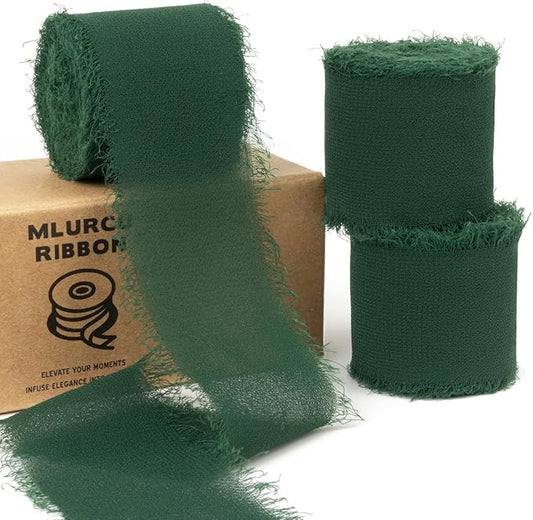 Forest Green Chiffon Fringe Silk Ribbon 1-1/2 Inch x 21 Yards - Boho Frayed Dark Green Ribbon for Gift Wrapping, Wedding Invitations, Bridal Flower Bouquets
