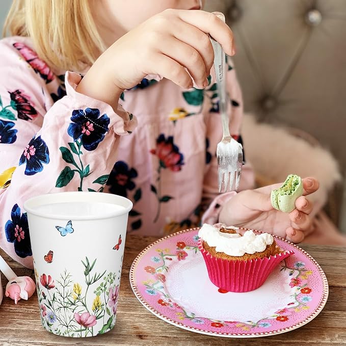 FYSUIMU 50Pcs Wildflower Paper Cup 9 Oz Disposable Coffee Cups Floral Party Cups for Spring Wedding Bridal Baby Shower Birthday Party Supplies