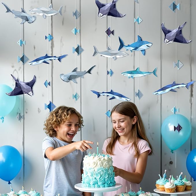 Cheerland Shark Party Decorations Shark Week Decorations Hanging Under the Sea Animals Garland Geometric Ocean Nautical Fish Birthday Decor Summer Fish Streamers Sea Creature Theme Backdrop Pack of 6