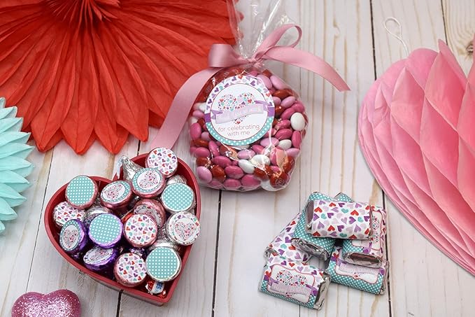Sweetheart Pink & Purple Hearts Valentine's Day Birthday Party Sticker Bundle Kit 429 Pieces! Includes 2" Circle Stickers for Favors, Mini Candy Bar Wrappers & Round Candy Kiss Stickers