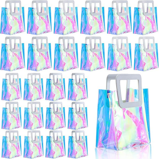 GcFoir 25 Pcs Reusable Holographic Small Gift Bags with Handle 8.3''x8''x4'' Iridescent Bachelorette Party Favor Bags Clear PVC Tote Goodie Bags for Shopping, Picnic, Baby Shower, Wedding, Holidays