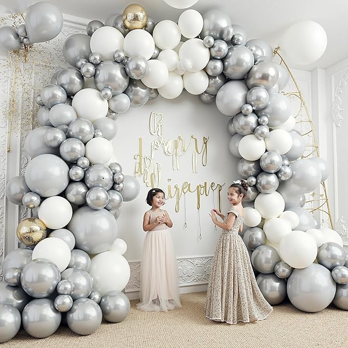 412Pcs White and Silver Balloons Arch Kit, 18 12 10 5 Inch White Metallic Silver Latex Balloon for Wedding Bridal Shower Engagement Anniversary Birthday Party Decorations
