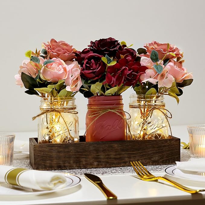 Mason Jar Centerpiece Table Decor for Dining Room Farmhouse Coffee Table Decor with Wood Tray Fairy Lights Fake Flowers for Valentine's Day Kitchen Living Dining Room - Burgundy Pink