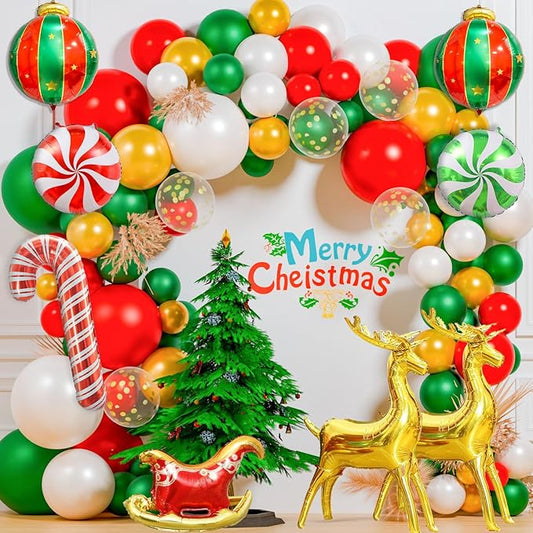 130Pcs Christmas Balloon Garland Arch Kit, With Gold Red Green White Candy Sequin Moose Sleigh Balloon for Christmas Party Decorations Supplies (23"Set)