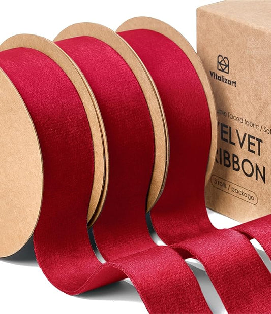 Vitalizart Red Velvet Ribbon Set 1 Inch Double Faced Burgundy Ribbon for Christmas Ornaments Gift Wrapping 15 Yards Wreath Decoration Bows Making Holiday Crafts
