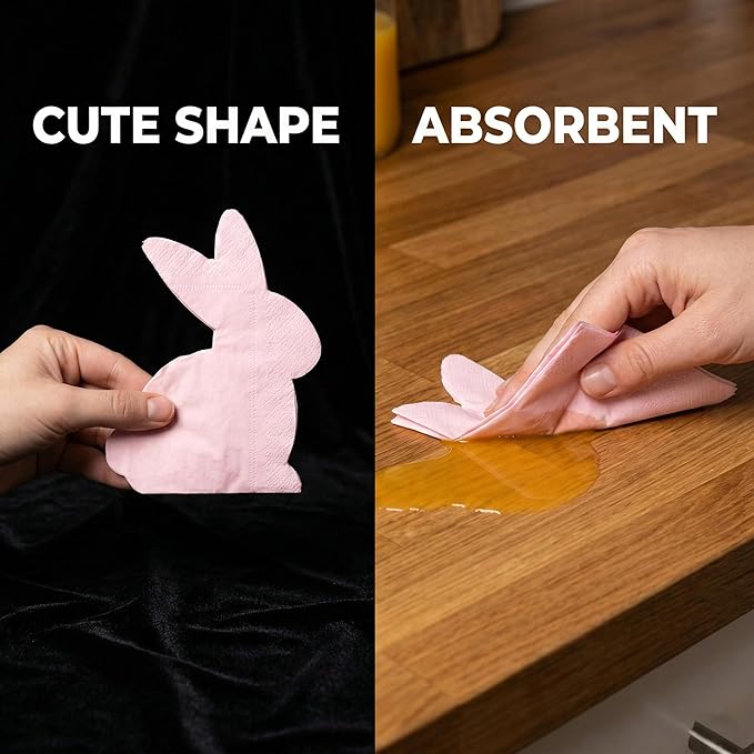 50 Pcs Bunny Die-Cut Party Napkins, 5 Pastel Colors Paper Napkins Disposable, Beverage Lunch Napkins for Birthday, Baby Shower, Tea Party
