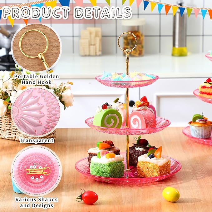 Patelai 8 Packs 3 Tier Crystal Acrylic Clear Cake Stand with Gold Round Holder Acrylic Cupcake Stand Holder for Home Wedding Holiday Birthday Baby Shower Tea Party (Clear Pink)