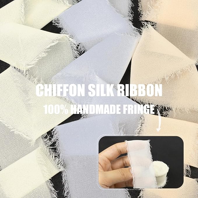 White Chiffon Ribbon 1.5 Inch x 21Yds Handmade Fringe Chiffon Silk Ribbon White/Cream/Nude Frayed Chiffon Ribbon for Wedding Invitation Flower Bouquets Gift Wrapping Bridal Shower Baby Shower