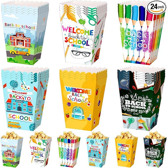 Gueevin 24 Pcs Back to School Popcorn Boxes Treat Boxes Candy Cookie Container Welcome Back to School Holder Teacher Gift for Classroom Decoration Supplies