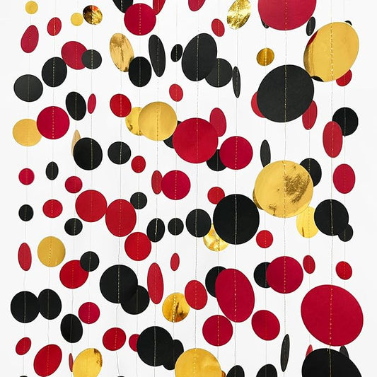 Gold Black Red Party Decorations Circle Dots Streamer Hanging Paper Polka Dots Garland for Graduation Birthday Wedding Anniversary Baby Shower Holiday Pirate Poker Casino Las Vegas Party Supplies