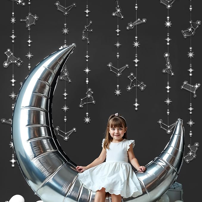 Cheerland Glitter Celestial Party Decorations Constellation Birthday Decoration Star Garlands Withy Backdrop Astrology Decor Zodiac Theme Banner Hanging Stars Streamer Galaxy Party Suppplies (Silver)