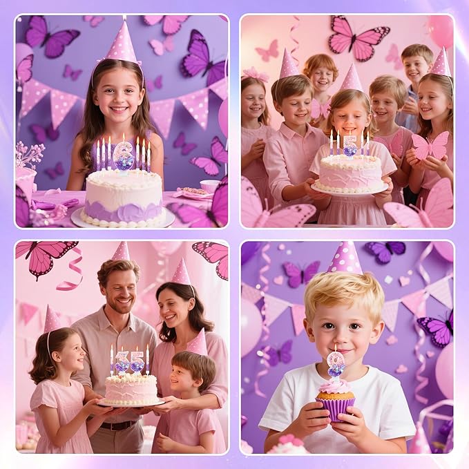 AKURIEEY Butterfly 4th Birthday Candle Purple Number 4 Candle with 6 Pcs Long Candles for Girls Cake Topper Cupcake Decor Party Decoration Anniversary Celebrations Supplies