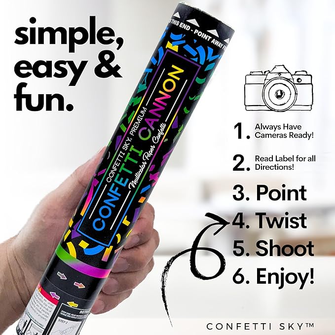 Confetti Sky [6 Pack] 12 Inch Confetti Cannons | Multicolor Confetti Poppers for Wedding Celebration, Birthday Party, Pranks, Graduation, Christmas Eve and New Year Celebration