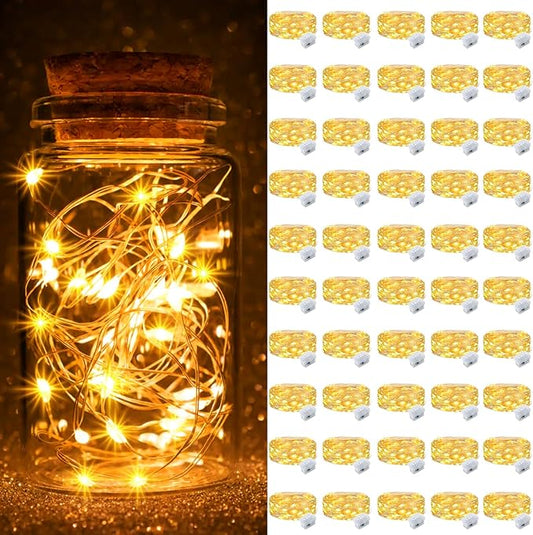 pozzolanas 50 Pack Warm White Fairy Lights Battery Operated 3 Modes 7FT 20 LED Waterproof String Lights Twinkle Silver Wire for Mason Jars Wedding Christmas Halloween Party Decor (50, Warm White)