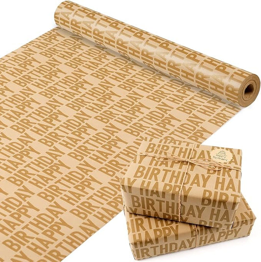 MAMUNU Birthday Wrapping Paper Roll, Brown and Gold Kraft Happy Birthday Wrapping Paper Jumbo Roll, Gift Wrap Paper Set for Men Women Boys Girls, 17Inch × 33Feet