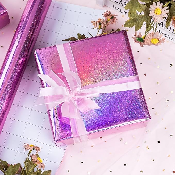 Burymento Pink Wrapping Paper Roll, Metallic Holographic Star Gift Wrap for Birthday, Valentines, Mothers day, Graduation, Wedding, Fathers day, Baby Shower, Christmas (17 IN x 16.4 FT)