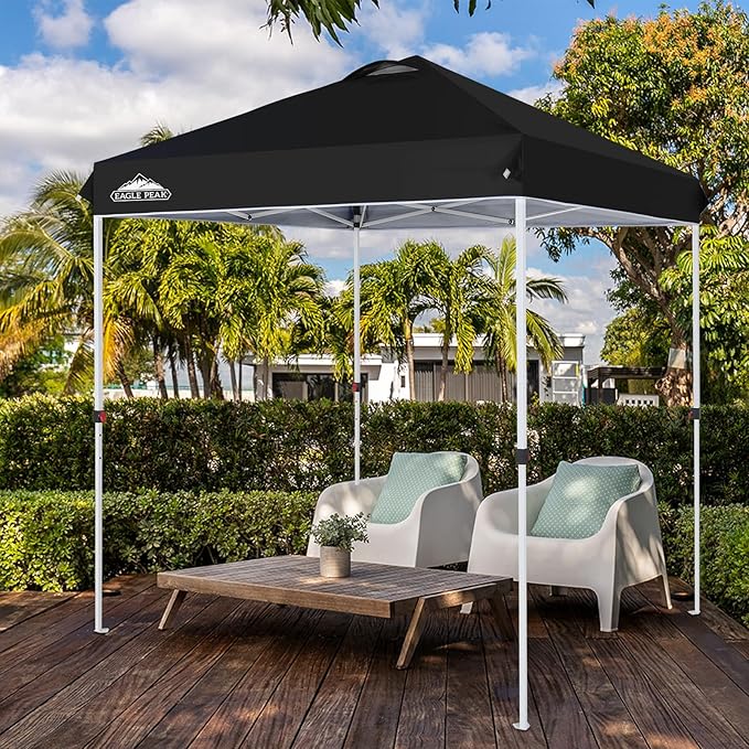 EAGLE PEAK Pop Up Canopy Tent with Wheeled Carry Bag, 8 Stakes, 4 Ropes, Easy Set Up Tent Canopy, 6.6x6.6 ft, Black