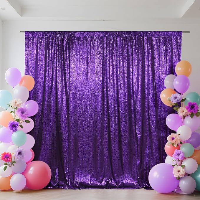 SquarePie 8x8ft Purple Sequin Backdrop, High Density Non-Transparent Glitter Curtain for Photography, Birthday, Wedding Party Decorations, Thick Solid Background with 4" Rod Pocket, 1 Panel