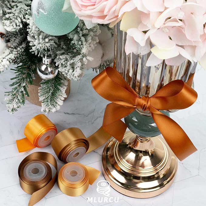Gold Ribbon 1 Inch Golden Brown, Copper, Champagne, Assorted Double Faced Gold Satin Ribbon for Gift Wrapping, Flower Bouquet, Wedding, Bridal Shower, Christmas, Bows & Crafts - 30Yds