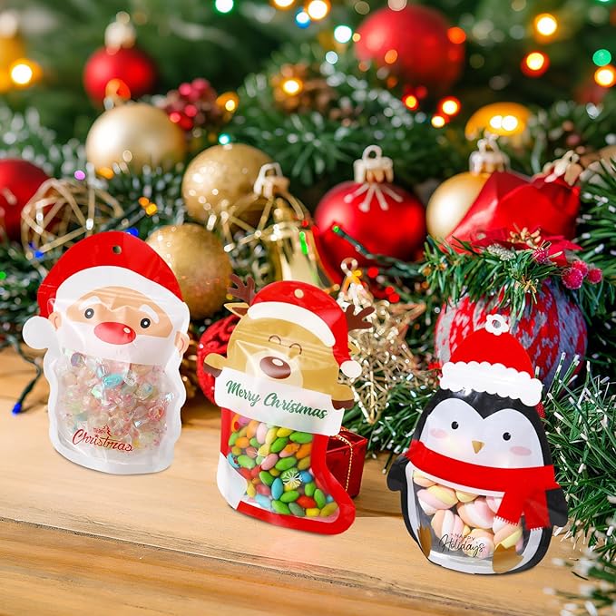 Resurhang 60 Pcs Christmas Treat Bags Candy Zipper Cute Reindeer Penguin Santa Claus Food Goodie Gifts Bags Resealable Christmas Snack Candy Containers with Handle for Xmas Party Supplies