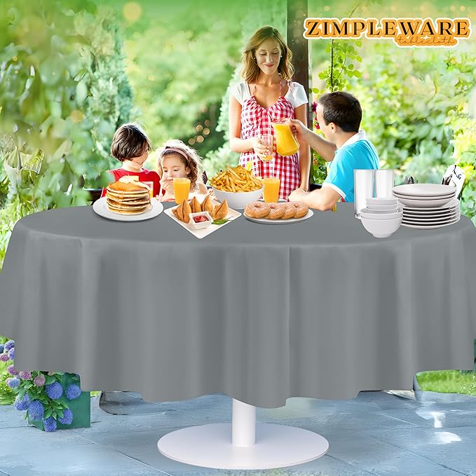 ZIMPLEWARE Premium Silver Plastic Table Cloth Disposable (12 Pack) Round Tablecloth (84in) Party Table Cloths Disposable, Perfect Table Cloth Round Cover for Any Table Up to 6 Feet
