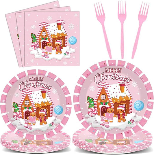 OBUSATT 96Pcs Christmas Gingerbread Paper Plates and Napkin Christmas Party Supplies Pink Gingerbread House Tableware Dinnerware Set for Xmas Winter Holiday Seasonal Table Party Decoration Serve 24
