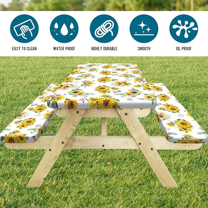 Sunflower Picnic Table Cover with Bench Covers, Summer Farmhouse Outdoor Table Covers with Elastic Camping Tablecloth for Party Essentials, Vintage Floral Rectangular Picnic Tablecloth Cover