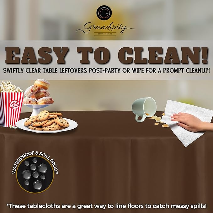 Grandipity Brown Plastic Table Cloth Disposable (6 Pk) 84in Round Tablecloth Premium Party Table Cloths Disposable - Perfect Table Cloth Round Cover for Any Table Up to 6 Feet