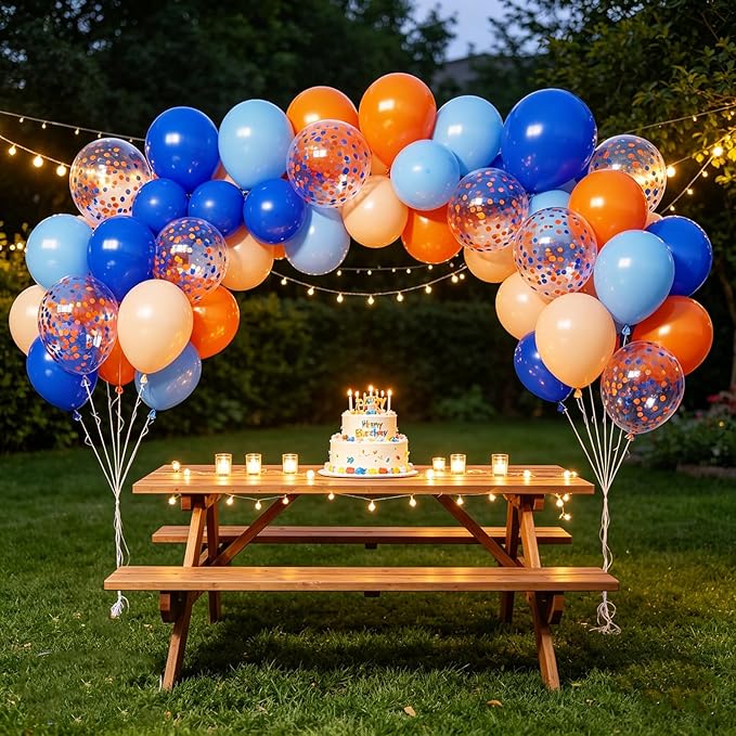 Blue and Orange Balloons, 65pcs 12 Inch Royal Light Blue and Orange Beige Balloons for Birthday Graduation Baby Shower Party