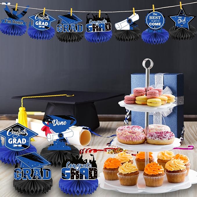 Honoson 12 Pcs 2026 Graduation Party Decorations Class of 2026 Congrats Grad Table Centerpieces Congratulate Graduation Honeycomb Table Toppers for Grad Party Favor Supplies(Blue, Black)