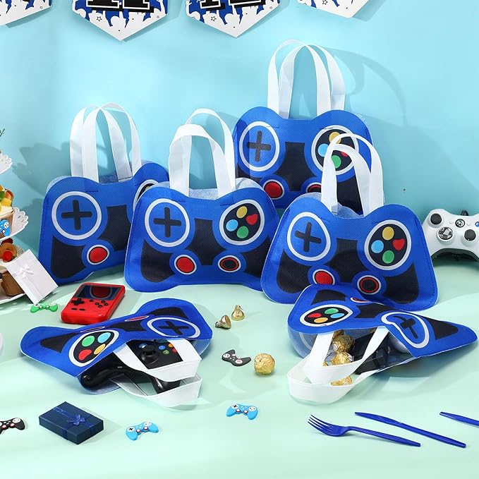 Silkfly 12 Pcs Video Game Party Favor Bags Non Woven Reusable Gaming Goodie Treat Gift Bags with Handles Gaming Party Supplies Class of 2026 Graduation Favors (Blue)