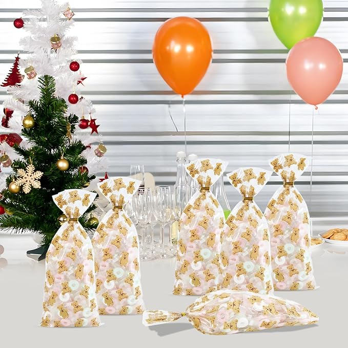 Docvania Clear Bear Cellophane Treat Bags Plastic Gift Bag 100 pcs 5 X 11 Clear Bear Cookie Bags with Ties Goodie Candy Bag Suitable for Mother's Day, Valentine's Day, and Holiday Parties